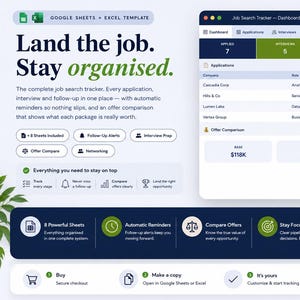 Job Search Tracker Google Sheets, Job Application Tracker Spreadsheet, Interview & Follow Up Planner, Career Job Hunt Organizer