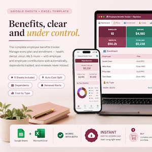 Employee Benefits Tracker Google Sheets, HR Benefits Administration Template, Insurance Enrollment Cost Tracker, Open Enrollment Planner