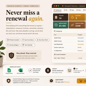Renewals & Reminders Dashboard Google Sheets, Subscription Tracker, Bill Renewal Reminder, Expiry Date Tracker, Auto Renew Organizer