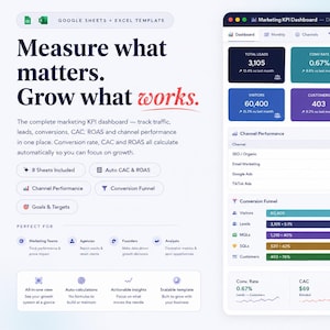 May include: A digital marketing KPI dashboard template for Google Sheets and Excel. The interface displays metrics like total leads, conversion rate, CAC, ROAS, and revenue. It includes a channel performance table and a conversion funnel visualization.