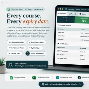 Employee Training Tracker Google Sheets, Staff Training Certification Log, Compliance Matrix Spreadsheet, HR L&D Template, Digital Download