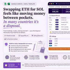 May include: A digital crypto portfolio tracker template for Google Sheets and Excel. The interface displays a dashboard with portfolio value, holdings, and transaction records. Text includes Swapping ETH for SOL feels like moving money between pockets. In many countries it's a disposal. Built for clarity. Designed for tax season.