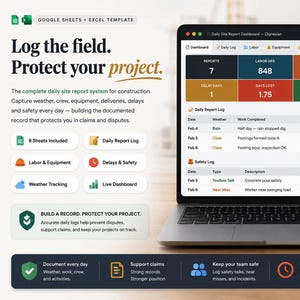 Daily Site Report Dashboard Google Sheets, Construction Daily Log, Site Diary Template, Contractor Report, Jobsite Tracker, Digital Download