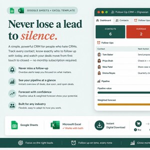 Follow Up CRM Google Sheets, Simple Sales Pipeline & Client Tracker, Lead Follow Up Reminder, Freelancer Contact Manager Template