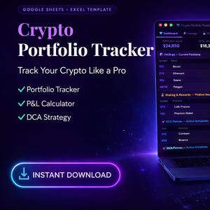 Crypto Portfolio Tracker Google Sheets, Bitcoin Ethereum Spreadsheet, Crypto P&L Calculator, Staking DCA Tracker, Investment Goals