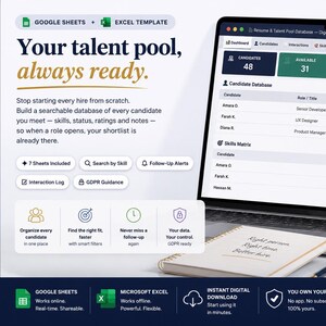 Resume Talent Pool Database Google Sheets, Recruiter Candidate Tracker, HR Talent Pipeline & Skills Matrix, Hiring Bench Spreadsheet