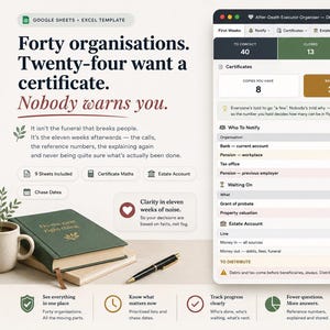 May include: A digital After-Death Executor Organiser template for Google Sheets and Excel. The interface displays status trackers for certificates, notifications, and estate accounts. Includes a green notebook and pen on a desk, with text detailing organisational tasks and estate management features.