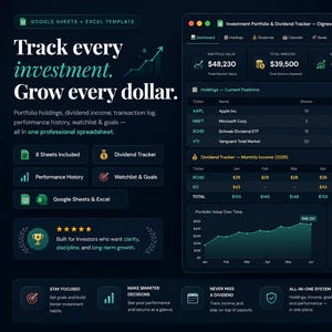 Investment Portfolio Tracker Google Sheets & Excel, Dividend Income Tracker, Stock Watchlist, Portfolio Dashboard, Dividend Calendar