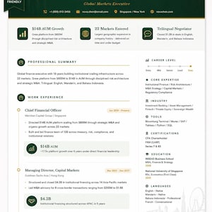 Könnte beinhalten: Ein professioneller Lebenslauf für Nova Chen, Chief Financial Officer, in einem dunkelgrünen und weißen Design. Er beschreibt Erfahrungen in globalen Märkten, institutioneller Finanzierung und M&A-Strategie mit Informationen zum AUM-Wachstum und zur Marktexpansion.