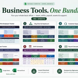 Op de afbeelding: Een digitaal pakket van 6 zakelijke tools voor Google Sheets en Excel, met meer dan 48 bladen waaronder HR- en werknemersvolgsysteem, organigram, klantenservice, activabeheer, ploegenrooster en looncalculator met kleurrijke tabellen.