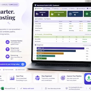 May include: A digital recruitment tracker and applicant tracking system template for Google Sheets and Excel. The interface displays a dashboard with candidate pipelines, interview scorecards, and hiring funnels on a laptop and smartphone screen.