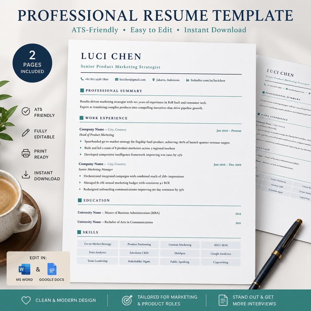 Ats-friendly Resume Template Google Docs Word | Modern CV Bundle ...