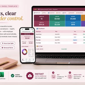 May include: A digital employee benefits tracker template for Google Sheets and Excel displayed on a laptop and smartphone screen. The interface shows data dashboards, enrollment lists, and cost breakdowns. Text includes "Benefits, clear and under control."