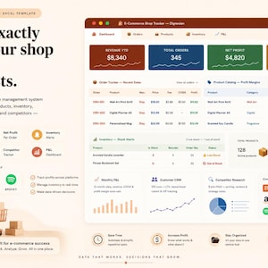 May include: An e-commerce management system template for Google Sheets and Excel. The interface displays a dashboard with revenue, orders, net profit, and average order metrics. It includes sections for order tracking, product catalogs, inventory alerts, and CRM data.