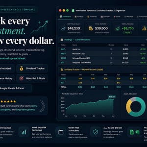 May include: A dark-themed digital investment portfolio and dividend tracker spreadsheet template for Google Sheets and Excel. The interface displays financial metrics, stock holdings, monthly income, a line graph of portfolio value, and an asset allocation pie chart.