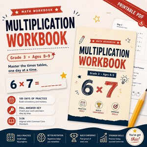 Könnte beinhalten: Ein Multiplikations-Arbeitsheft für die 3. Klasse, Alter 8-9 Jahre, mit einem cremefarbenen Einband und dem Text 6 x 7 in großer dunkelblauer und roter Schrift. Das Design enthält Symbole für Übung, Selbstvertrauen und Fähigkeiten sowie einen gelben Bleistift.