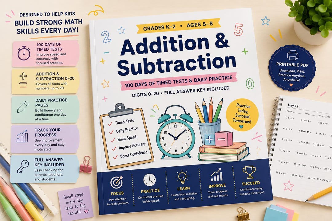 Addition & Subtraction Workbook Printable | 100 Days Timed Tests PDF ...