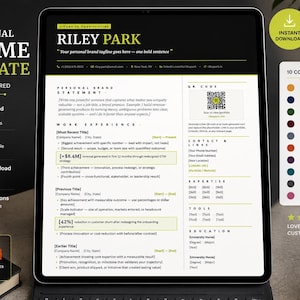May include: A professional resume template displayed on a tablet. The resume features a modern design with sections for personal brand statement, work experience, and contact information. Includes 10 color options and is ATS-friendly.
