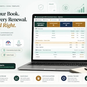 May include: A laptop displaying an insurance agent CRM and commission tracker spreadsheet template. The screen shows dashboards for policies, commissions, and renewals. Text includes Grow Your Book, Track Every Renewal, and Get Paid Right.