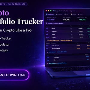 Könnte beinhalten: Eine digitale Krypto-Portfolio-Tracker-Vorlage für Google Sheets und Excel auf einem Laptop-Bildschirm. Die Benutzeroberfläche im Dark Mode mit neonblauen und violetten Akzenten zeigt Portfoliowert, Gewinn- und Verlustrechnung sowie Bestandsdaten.