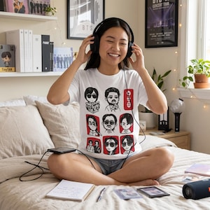 May include: A white t-shirt featuring cartoon illustrations of several people in black and red squares. The person in the image is wearing black headphones and listening to music. The background includes framed posters and a shelf with books.