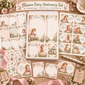 Puede incluir: Un set de papelería Blossom Fairy con páginas imprimibles, bordes florales, ilustraciones de hadas y texto que incluye Notes From The Petal Garden y Things To Do. El set incluye varias tarjetas de notas, un bolígrafo y etiquetas de papel.