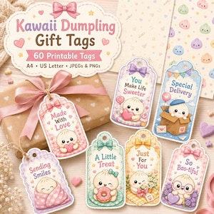 Puede incluir: Un conjunto de etiquetas de regalo imprimibles Kawaii Dumpling con ilustraciones en tonos pastel de dumplings adorables y mensajes como Made With Love, You Make Life Sweeter, Special Delivery, A Little Treat, Just For You y So Bao-tiful.