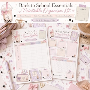 May include: A printable Back to School Essentials organiser kit featuring a school timetable, sticky notes, and home schedule. The stationery set includes pastel-colored sheets with bubble tea illustrations, bows, and grid patterns in A4 and US Letter sizes.