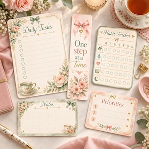 May include: A stationery set featuring a Daily Tasks notepad, a bookmark with the text One step at a time, a Habit Tracker, a Notes card, and a Priorities list. Each item displays floral illustrations, bows, and teacup motifs.