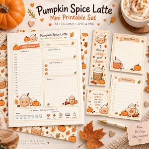 May include: A Pumpkin Spice Latte mini printable stationery set featuring a daily planner, bookmark, sticky notes, and to-do list. The paper items are decorated with illustrations of smiling coffee mugs, pumpkins, and autumn leaves in warm orange and brown tones.