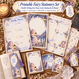 Printable Fairy Stationery Set, Wishing Star Planner Pages, Fairy Note Cards and Bookmarks, Celestial Printable Stationery