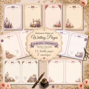 May include: A stationery paper set featuring sewing-themed illustrations in pastel colors. The pages include images of dress forms, sewing machines, scissors, and spools of thread. Text on the central label reads: Stationery Paper set Writing Pages SEWING THEMED PASTEL COLOURS 15 double pages 2 envelopes.