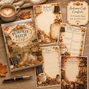 May include: A collection of printable stationery pages featuring autumn-themed illustrations of pumpkins, fall foliage, and warm beverages. The pages include text such as Pumpkin Patch Cafe, Autumn Recipe Ideas, Salted Caramel Plans, and Chai Comfort List.