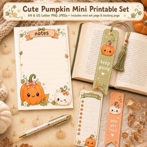 Puede incluir: Un conjunto de papelería imprimible que incluye una página de notas, una lista de tareas y dos marcapáginas con ilustraciones de calabazas. El texto incluye "Cute Pumpkin Mini Printable Set", "notes", "keep going" y "you got this".
