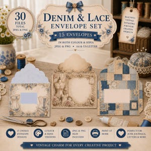 May include: A digital collection of 30 files featuring a Denim & Lace envelope set with 15 unique designs in color and sepia. The set includes A4 and US letter sizes in JPEG and PNG formats, showcasing vintage-style graphics of corsets, lace, and patchwork patterns.