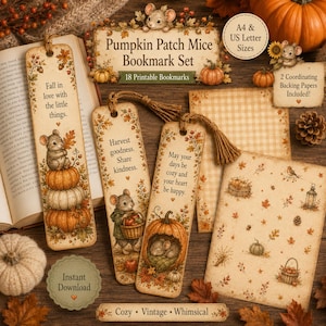 May include: A printable bookmark set featuring illustrations of mice and pumpkins with text including Fall in love with the little things, Harvest goodness. Share kindness, and May your days be cozy and your heart be happy, plus two backing papers.