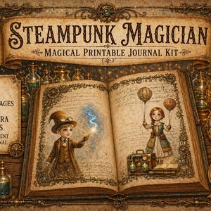 May include: A digital "Steampunk Magician" journal kit with a vintage aesthetic. The image shows an open book with illustrations of children, balloons, and magical elements. Includes 52 journal pages and ephemera sheets. Available in A4 and US Letter sizes.