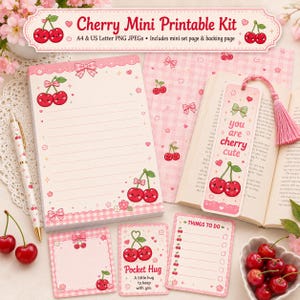 May include: A Cherry Mini Printable Kit featuring stationery with pink gingham borders, cherry illustrations, and bows. Includes a lined notepad, a bookmark with the text 'you are cherry cute', a 'Pocket Hug' card, and a 'THINGS TO DO' checklist.