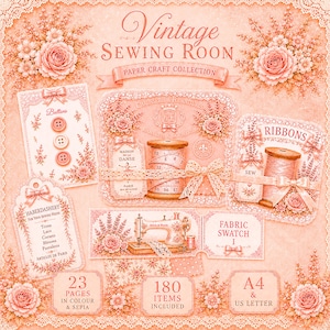 Puede incluir: Una colección de manualidades en papel Vintage Sewing Room con patrones florales en tonos melocotón, ilustraciones de máquinas de coser, carretes de cinta, cinta métrica y botones. Incluye 23 páginas, 180 artículos y formatos A4 y US Letter.