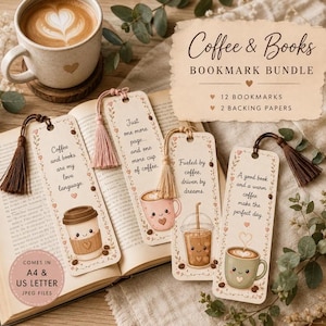 Printable Coffee Bookmarks, Book Lover Gift, Cute Book Mark Bundle, 12 Kawaii Reading Markers, Reading Gift, Instant Download