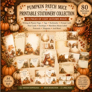 Könnte beinhalten: Eine druckbare Schreibwarensammlung mit dem Titel Pumpkin Patch Mice, die 80 Seiten mit herbstlichen Motiven umfasst. Das Set enthält Schreibseiten, Anhänger, Lesezeichen, Notizkarten, Umschläge und Postkarten mit Illustrationen von Mäusen und Kürbissen.
