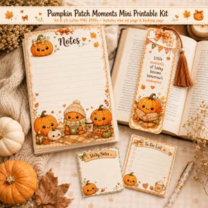 Mini Printable Stationery Set Pumpkin Patch Moments Notes, Sticky Notes, To Do List & Bookmark A4 US Letter PNG JPEG