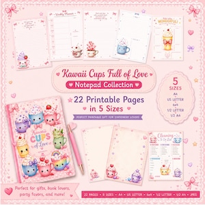 Puede incluir: Una colección de blocs de notas titulada Kawaii Cups Full of Love con 22 páginas imprimibles en 5 tamaños: A4, US Letter, 6x4, 1/2 Letter y 1/2 A4. El conjunto incluye varias páginas rayadas y en blanco con ilustraciones de tazas.