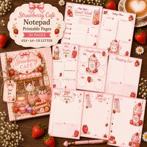 Puede incluir: Un set de blocs de notas Strawberry Café con páginas imprimibles en tamaños 6x4, A4 y US Letter. La colección incluye varios planificadores, listas de compras y hojas de notas decoradas con ilustraciones de fresas, bebidas y lazos rosas.