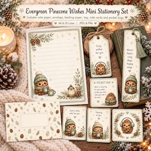Può includere: Set di cancelleria in miniatura Evergreen Pinecone Wishes con carta da lettere a righe, buste, etichette e biglietti. Ogni pezzo mostra illustrazioni di ricci con cappelli invernali, pigne e fiocchi di neve. I testi includono: Cozy wishes for you, Warm heart, cozy days, happy ways e Pocket hug.