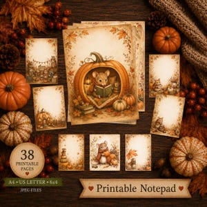 Bloc-notes imprimable « Souris des champs de citrouilles » - 38 pages pour agenda d'automne - Format A4, Lettre US et 15 x 10 cm - Papeterie « Souris des bois » - Pages de journal d'automne