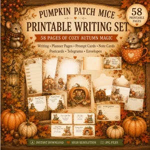 Op de afbeelding: Een printbare schrijfset met 58 pagina's in herfstthema, geïllustreerd met muizen, pompoenen en herfstbladeren. De set bevat schrijfbladen, plannerpagina's, promptkaarten, notitiekaarten, ansichtkaarten, telegrammen en enveloppen.