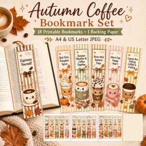 以下が含まれることがあります： Autumn Coffee Bookmark Setと題された18枚の印刷可能なブックマークと背景紙のセット。ブックマークには縦縞模様、顔が描かれたコーヒーカップ、秋の葉、Espresso Yourselfなどのテキストがデザインされています。