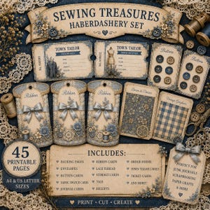 Vintage Sewing Printable Kit Haberdashery Ephemera Button Cards Lace Bobbin & Ribbon Storage Quilting Journal Embroidery Scrapbook