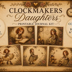 May include: A printable journal kit titled "Clockmakers Daughters" with illustrations of young girls in vintage clothing. The kit includes 82 pages in both A4 and US Letter sizes, available in color and black & white, with PNGs and JPEGs.